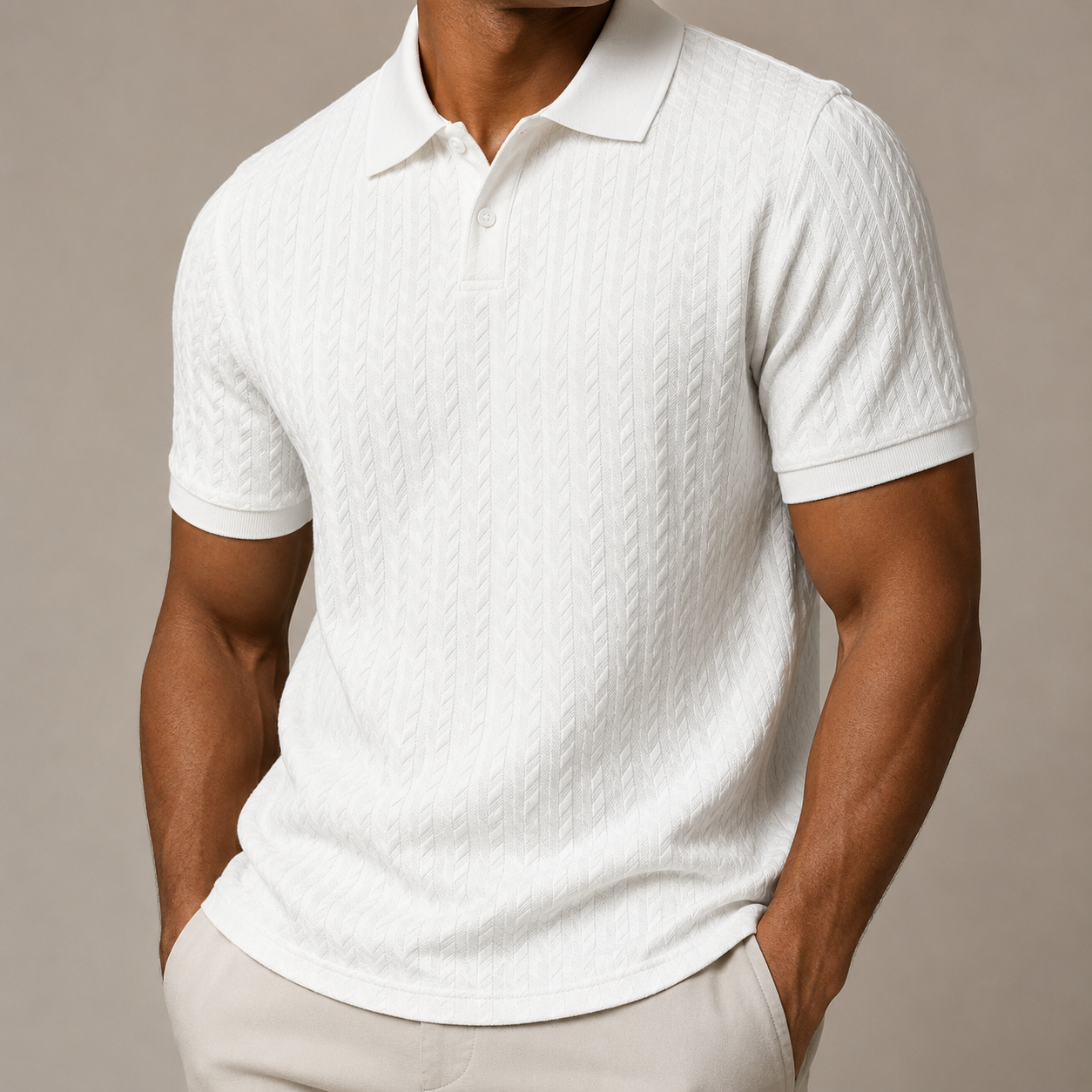 Ken - Men's Cable Knit Polo Shirt with Ribbed Collar - White