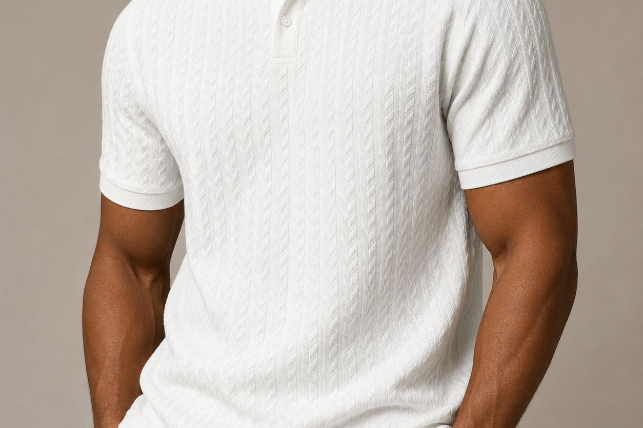 Ken - Men's Cable Knit Polo Shirt with Ribbed Collar - White