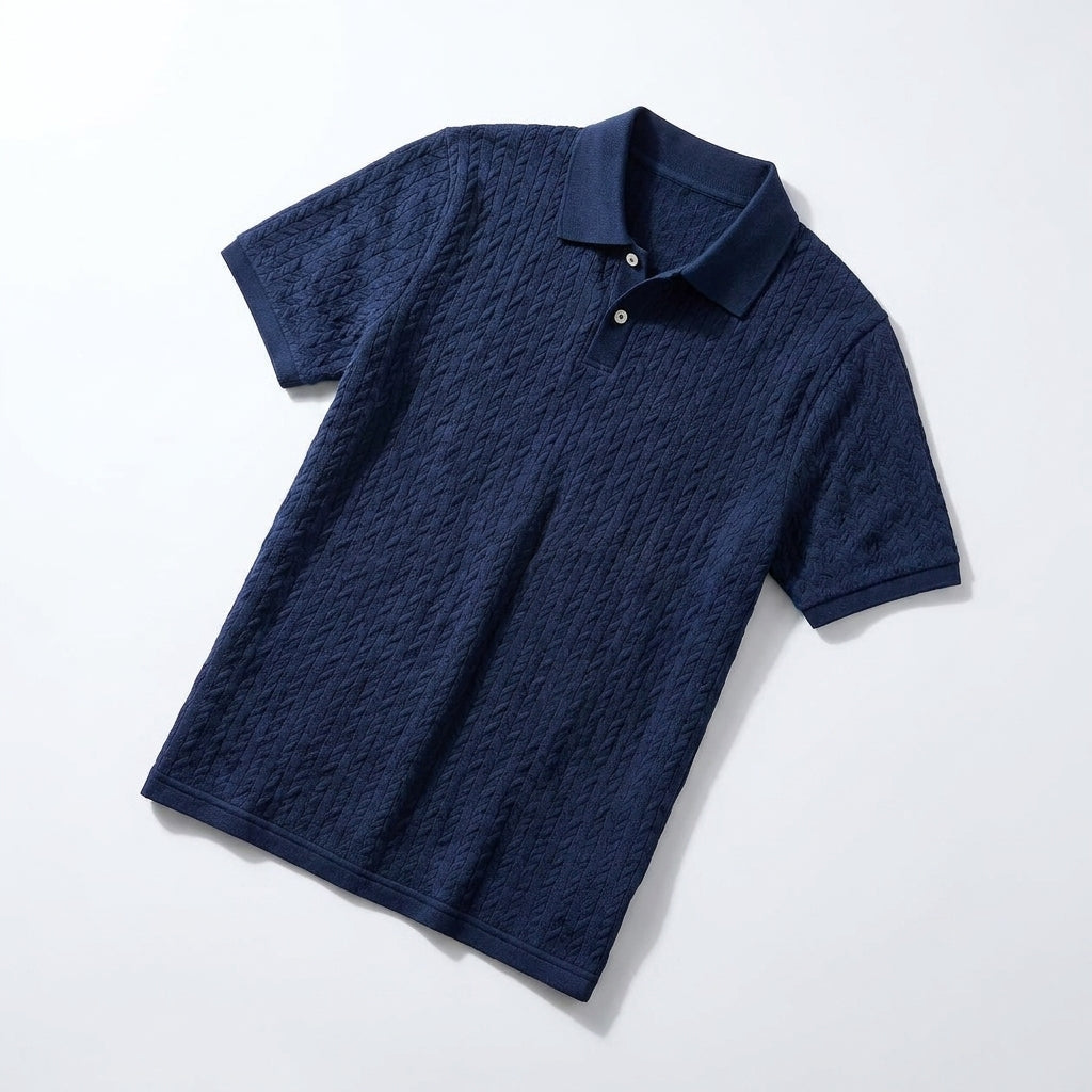 Ken - Men's Cable Knit Polo Shirt with Ribbed Collar