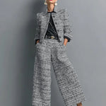 Kerys - Women's Tweed Cropped Jacket and Wide-Leg Pants Set - Black