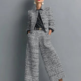 Kerys - Women's Tweed Cropped Jacket and Wide-Leg Pants Set - Black