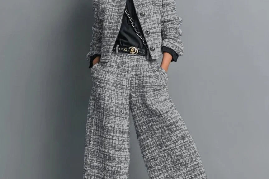 Kerys - Women's Tweed Cropped Jacket and Wide-Leg Pants Set - Black