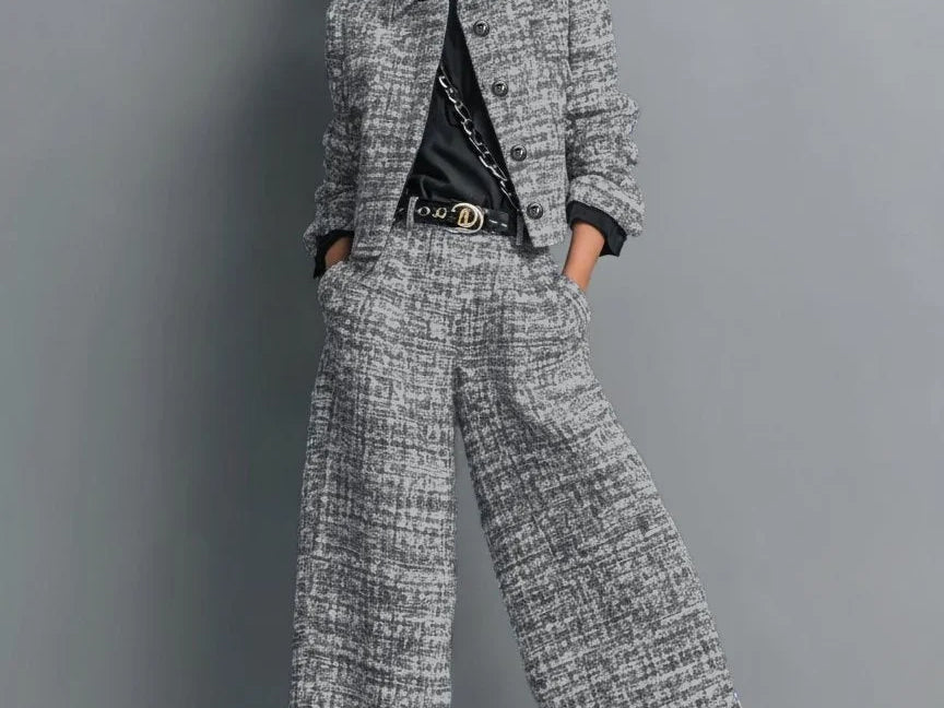 Kerys - Women's Tweed Cropped Jacket and Wide-Leg Pants Set - Black