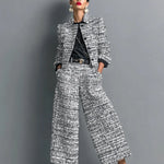 Kerys - Women's Tweed Cropped Jacket and Wide-Leg Pants Set - Gray
