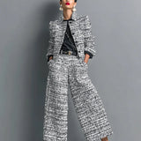 Kerys - Women's Tweed Cropped Jacket and Wide-Leg Pants Set - Gray