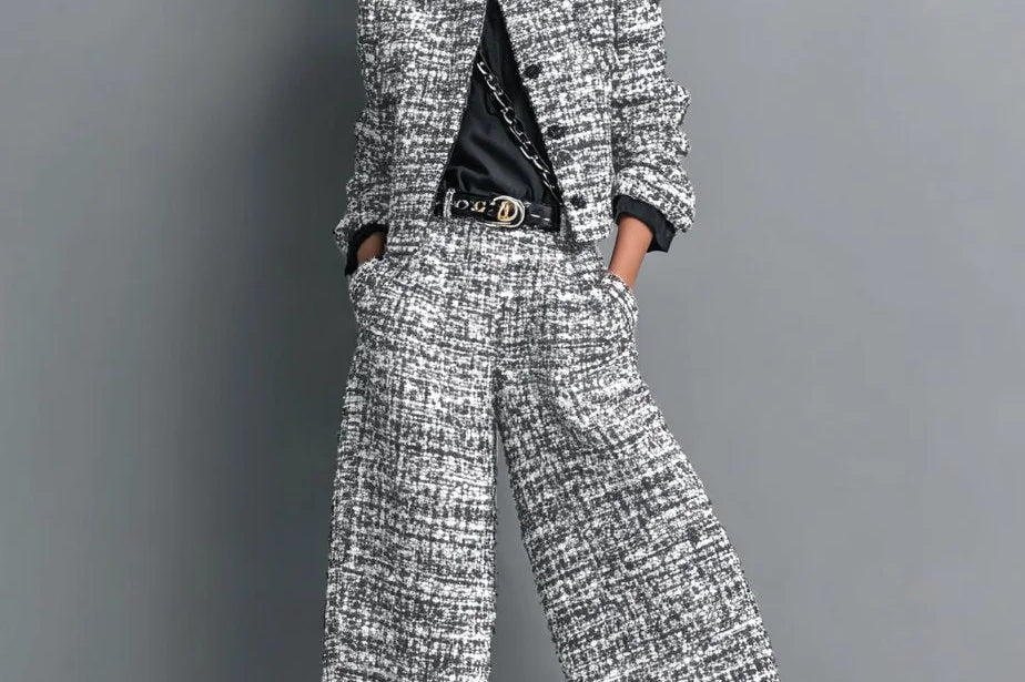 Kerys - Women's Tweed Cropped Jacket and Wide-Leg Pants Set - Gray