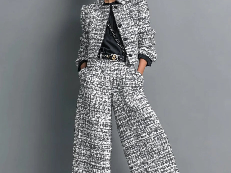 Kerys - Women's Tweed Cropped Jacket and Wide-Leg Pants Set - Gray