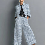 Kerys - Women's Tweed Cropped Jacket and Wide-Leg Pants Set - Blue