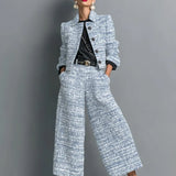 Kerys - Women's Tweed Cropped Jacket and Wide-Leg Pants Set - Blue
