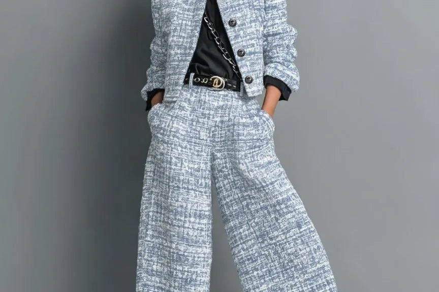 Kerys - Women's Tweed Cropped Jacket and Wide-Leg Pants Set - Blue