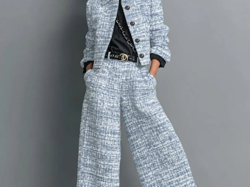 Kerys - Women's Tweed Cropped Jacket and Wide-Leg Pants Set - Blue