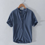 Kevin - Men's Band Collar Linen Blend Henley Shirt - Navy