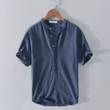 Kevin - Men's Band Collar Linen Blend Henley Shirt - Navy