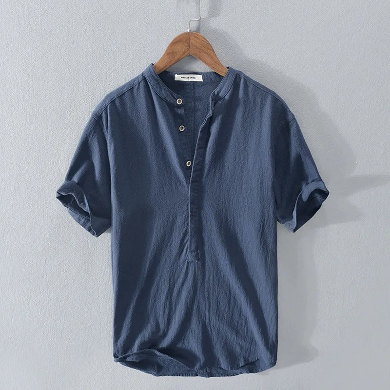 Kevin - Men's Band Collar Linen Blend Henley Shirt - Navy