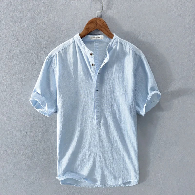 Kevin - Men's Band Collar Linen Blend Henley Shirt - Light Blue