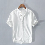 Kevin - Men's Band Collar Linen Blend Henley Shirt - White