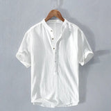 Kevin - Men's Band Collar Linen Blend Henley Shirt - White