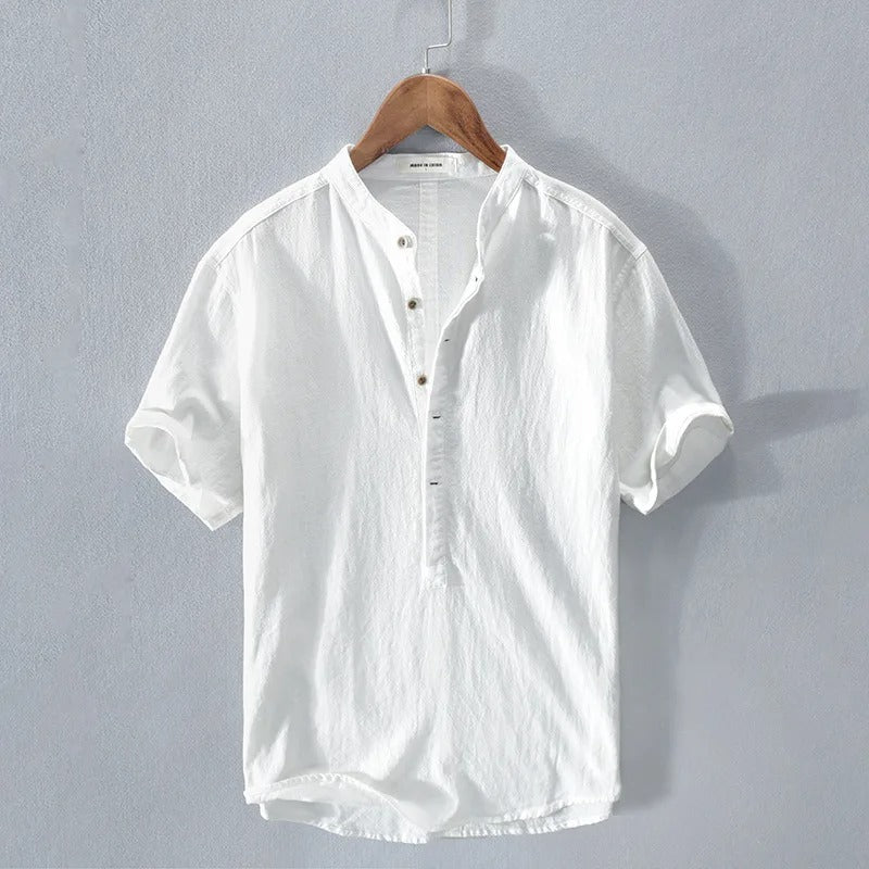 Kevin - Men's Band Collar Linen Blend Henley Shirt - White