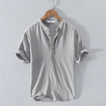 Kevin - Men's Band Collar Linen Blend Henley Shirt - Gray