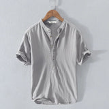Kevin - Men's Band Collar Linen Blend Henley Shirt - Gray