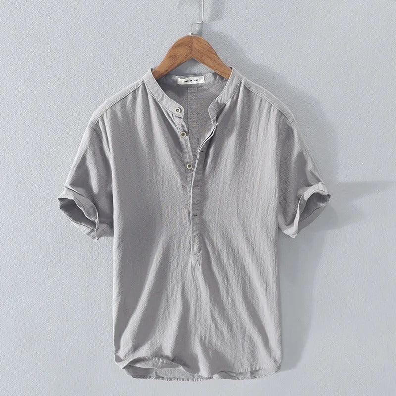 Kevin - Men's Band Collar Linen Blend Henley Shirt - Gray