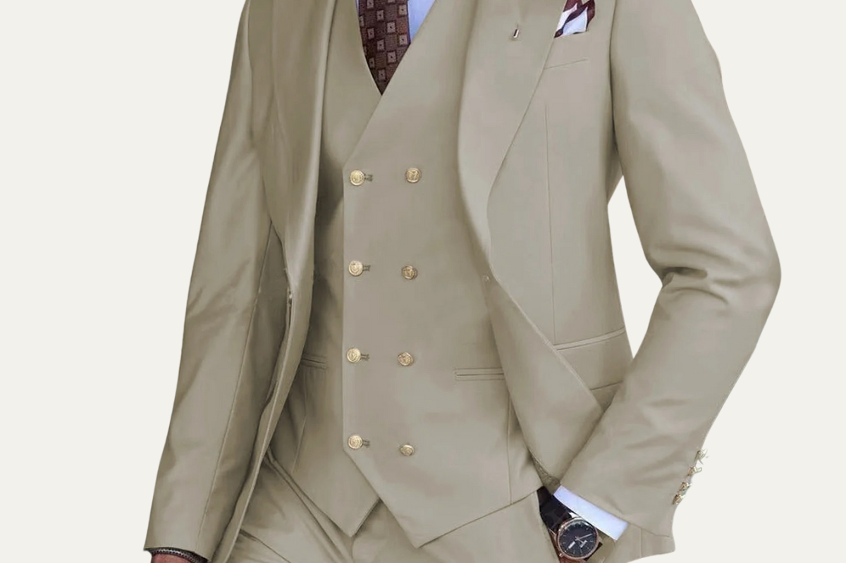 Knox - Men's Three-Piece Formal Suit with Vest - Khaki