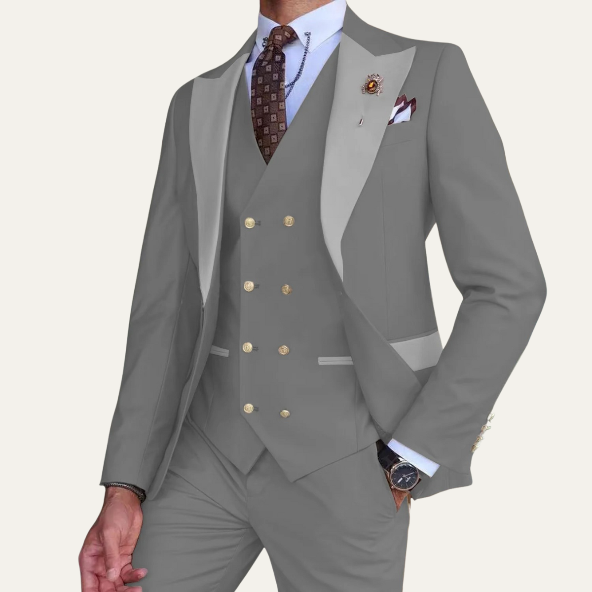 Knox - Men's Three-Piece Formal Suit with Vest - Grey
