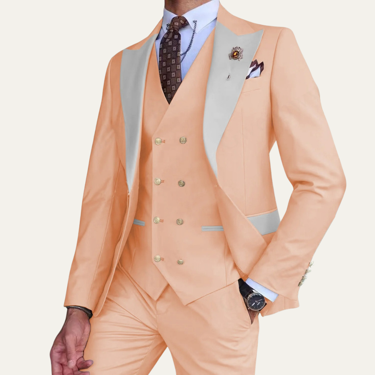 Knox - Men's Three-Piece Formal Suit with Vest - Peach