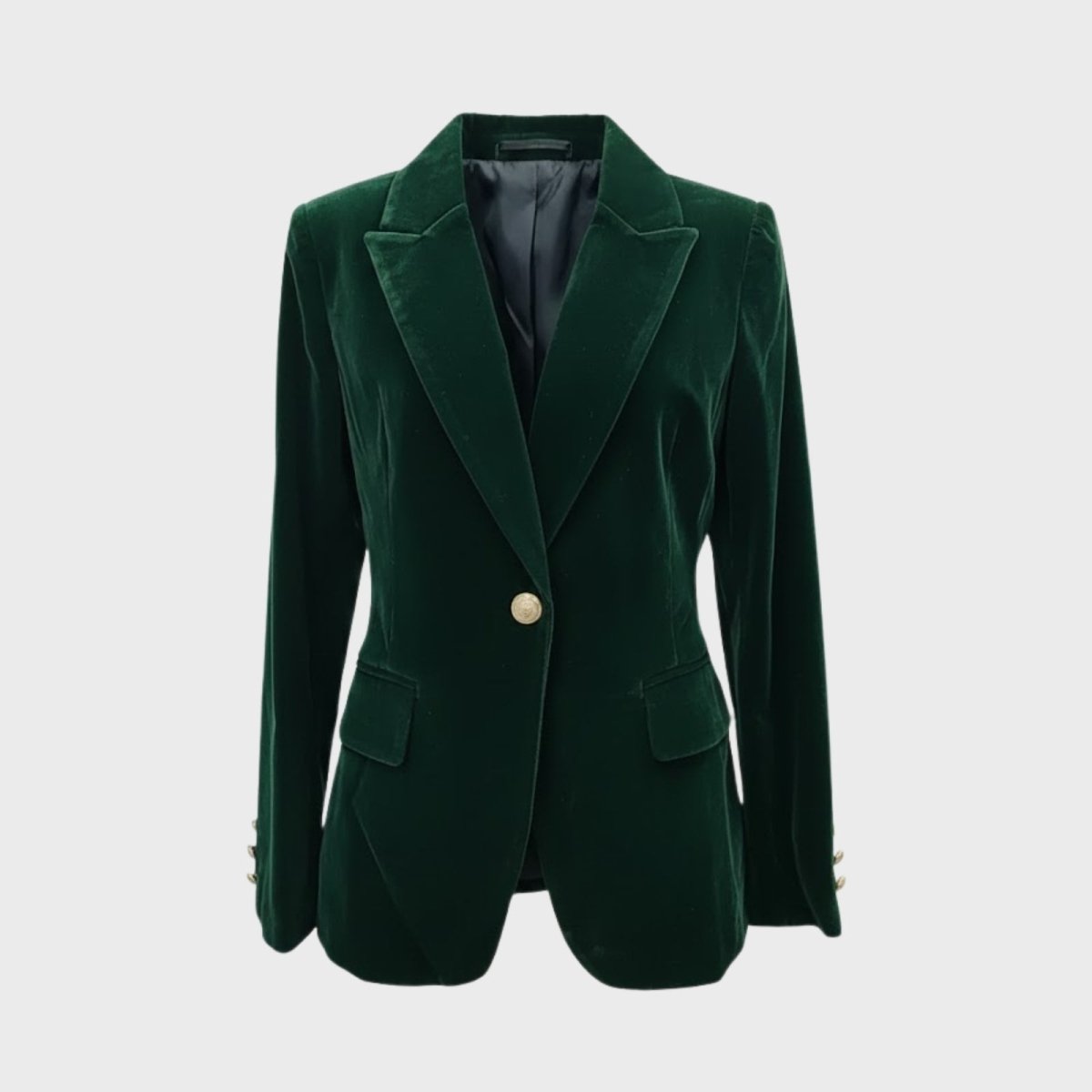 Aelith - Women's Velvet Tailored Blazer with Gold-Tone Button - Dark Green