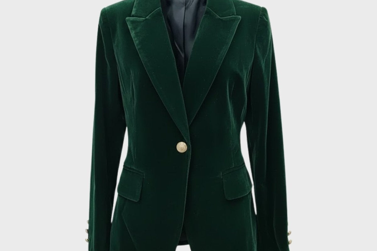 Aelith - Women's Velvet Tailored Blazer with Gold-Tone Button - Dark Green