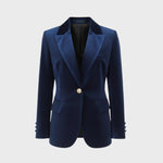 Aelith - Women's Velvet Tailored Blazer with Gold-Tone Button - Blue