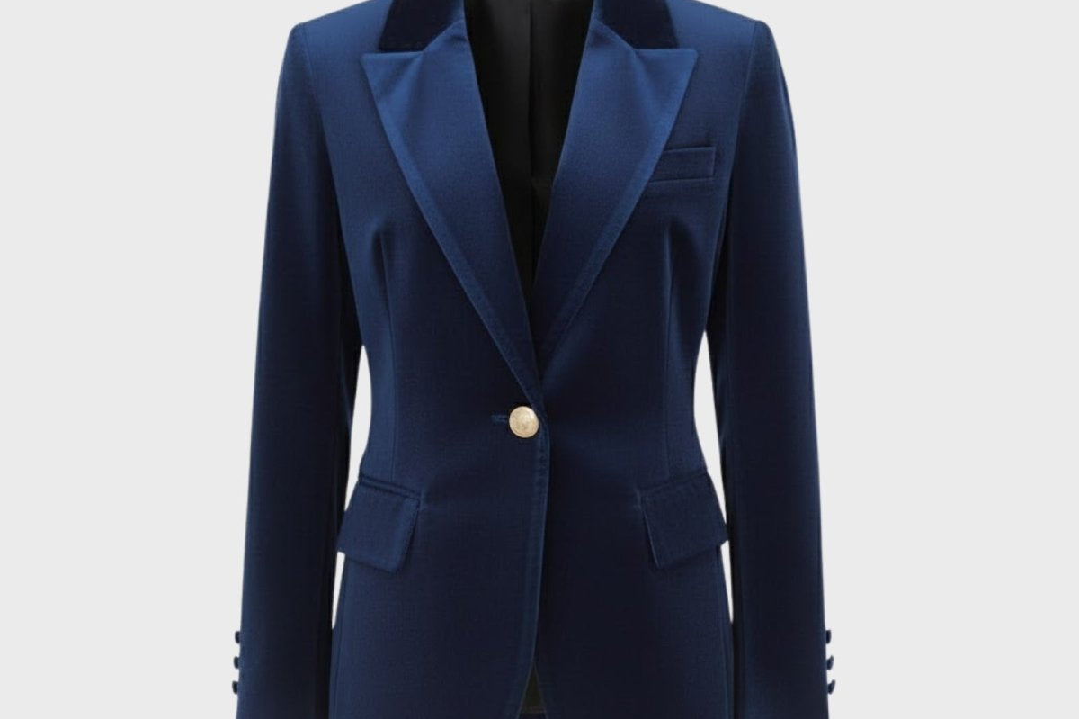 Aelith - Women's Velvet Tailored Blazer with Gold-Tone Button - Blue