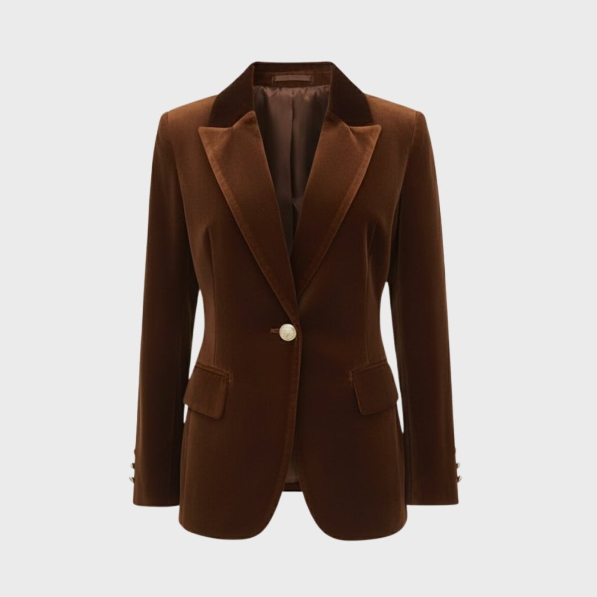 Aelith - Women's Velvet Tailored Blazer with Gold-Tone Button - Brown