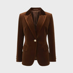 Aelith - Women's Velvet Tailored Blazer with Gold-Tone Button - Brown