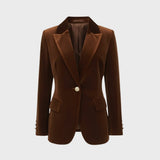 Aelith - Women's Velvet Tailored Blazer with Gold-Tone Button - Brown