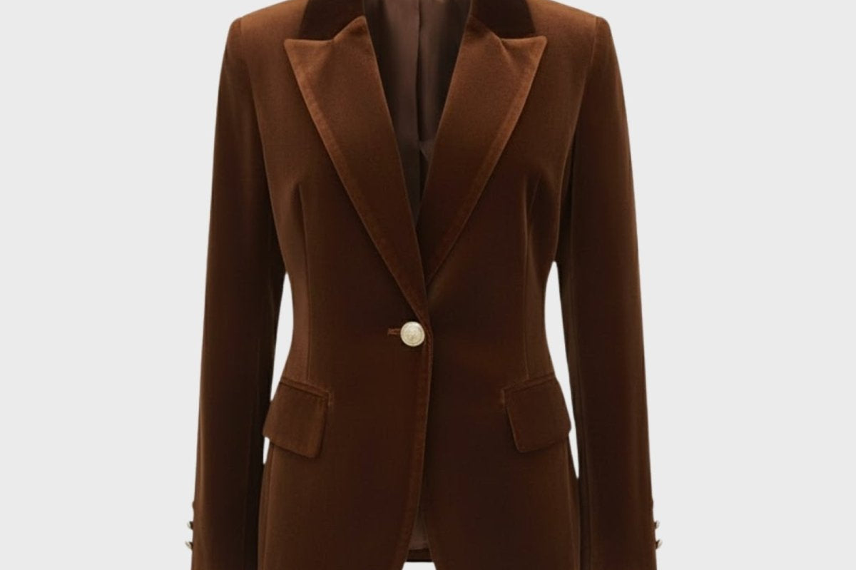 Aelith - Women's Velvet Tailored Blazer with Gold-Tone Button - Brown