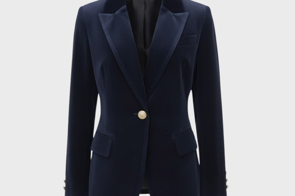 Aelith - Women's Velvet Tailored Blazer with Gold-Tone Button - Dark Blue