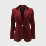 Aelith - Women's Velvet Tailored Blazer with Gold-Tone Button - Red