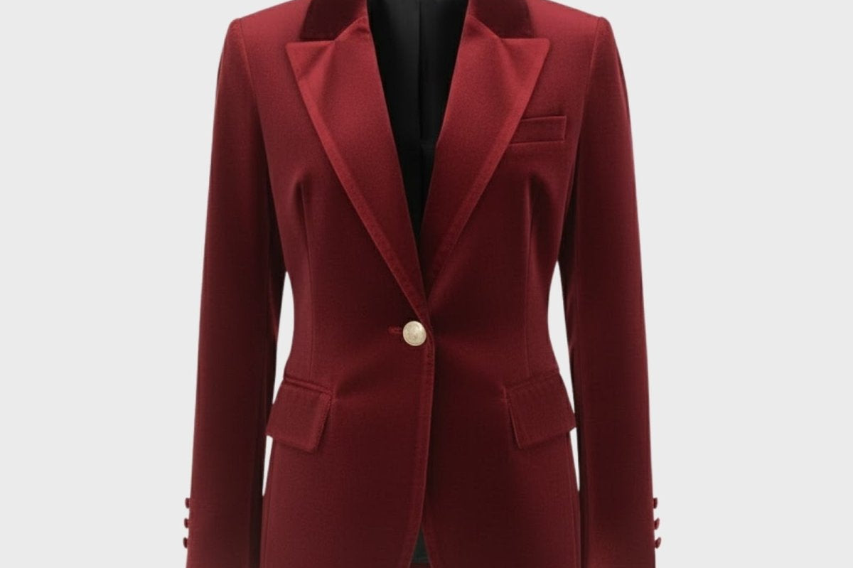 Aelith - Women's Velvet Tailored Blazer with Gold-Tone Button - Red