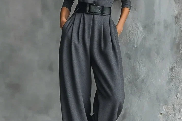 Kristin - Women's High Neck Wide-Leg Jumpsuit with Clean Finish - Gray