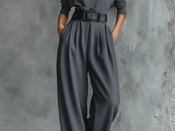 Kristin - Women's High Neck Wide-Leg Jumpsuit with Clean Finish - Gray