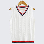 Kyra - Women's Cable Knit V-Neck Sweater Vest with Contrast Tipping - White & Red