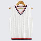 Kyra - Women's Cable Knit V-Neck Sweater Vest with Contrast Tipping - White & Red