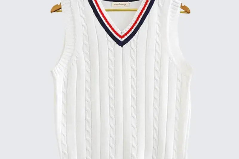 Kyra - Women's Cable Knit V-Neck Sweater Vest with Contrast Tipping - White & Red