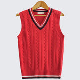 Kyra - Women's Cable Knit V-Neck Sweater Vest with Contrast Tipping - Red