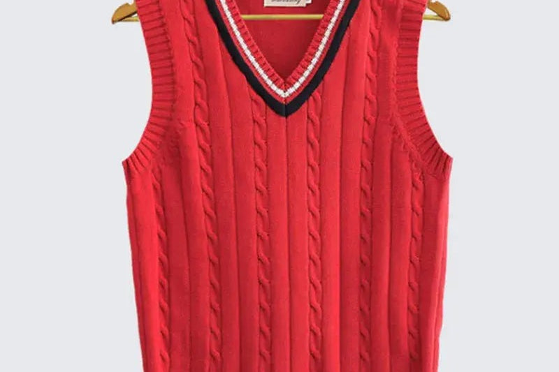 Kyra - Women's Cable Knit V-Neck Sweater Vest with Contrast Tipping - Red