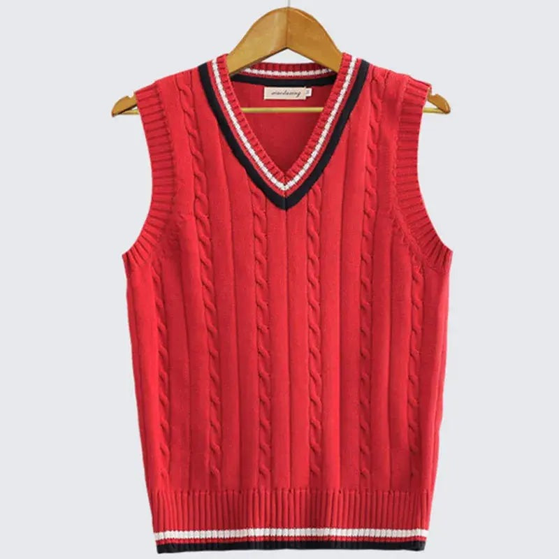Kyra - Women's Cable Knit V-Neck Sweater Vest with Contrast Tipping - Red