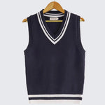 Kyra - Women's Cable Knit V-Neck Sweater Vest with Contrast Tipping - Blue