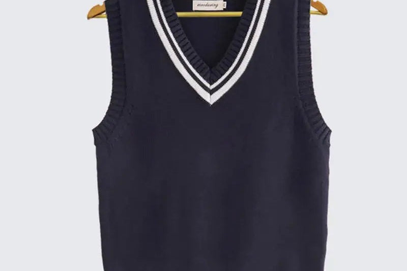 Kyra - Women's Cable Knit V-Neck Sweater Vest with Contrast Tipping - Blue