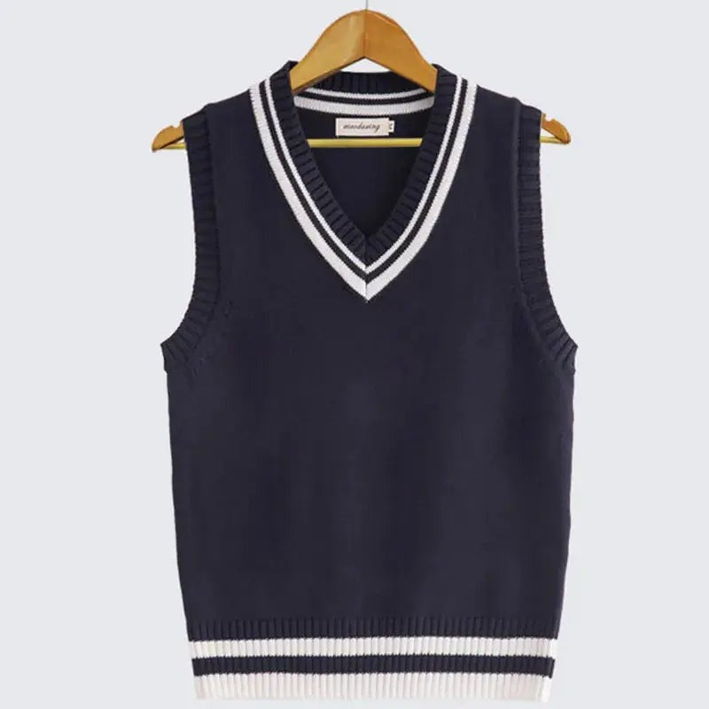 Kyra - Women's Cable Knit V-Neck Sweater Vest with Contrast Tipping - Blue